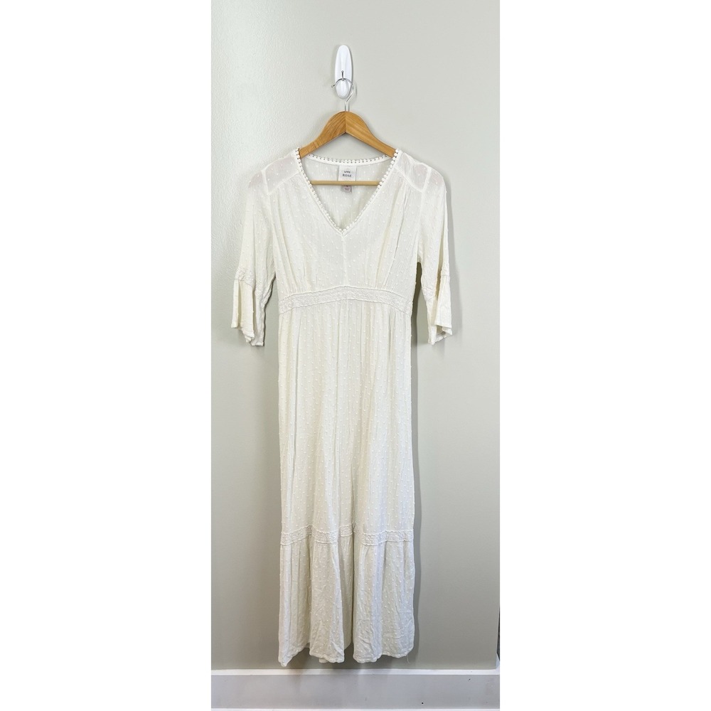Knox Rose White Swiss Dot Maxi Dress Women's Small Boho Tiered Lined Rayon